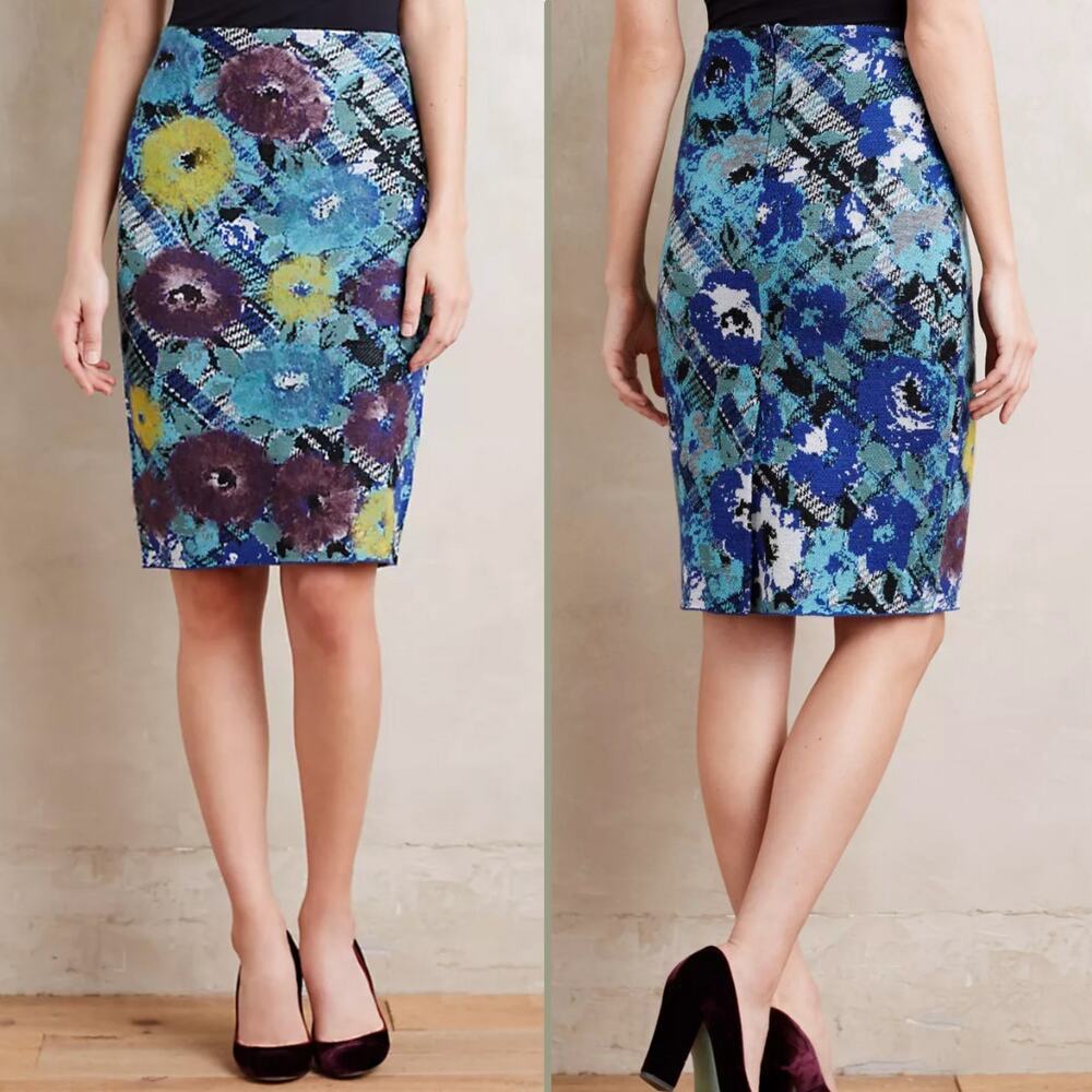 Anthropologie‎ Troubadour Rowan Wool Blue Floral Pencil Knit Skirt Small Petite